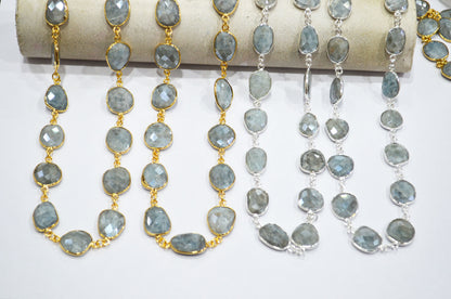 Aquamarine AB Coated Faceted Slice Shape Connector Chain , 12x14 - 15x18 mm , RB-7380