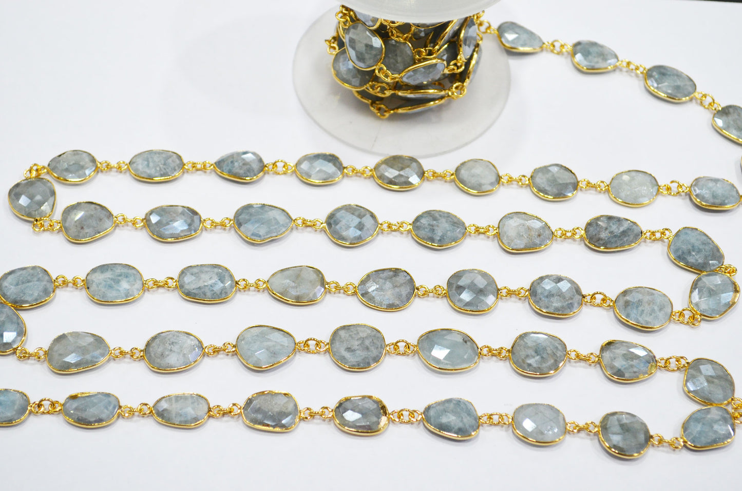 Aquamarine AB Coated Faceted Slice Shape Connector Chain , 12x14 - 15x18 mm , RB-7380