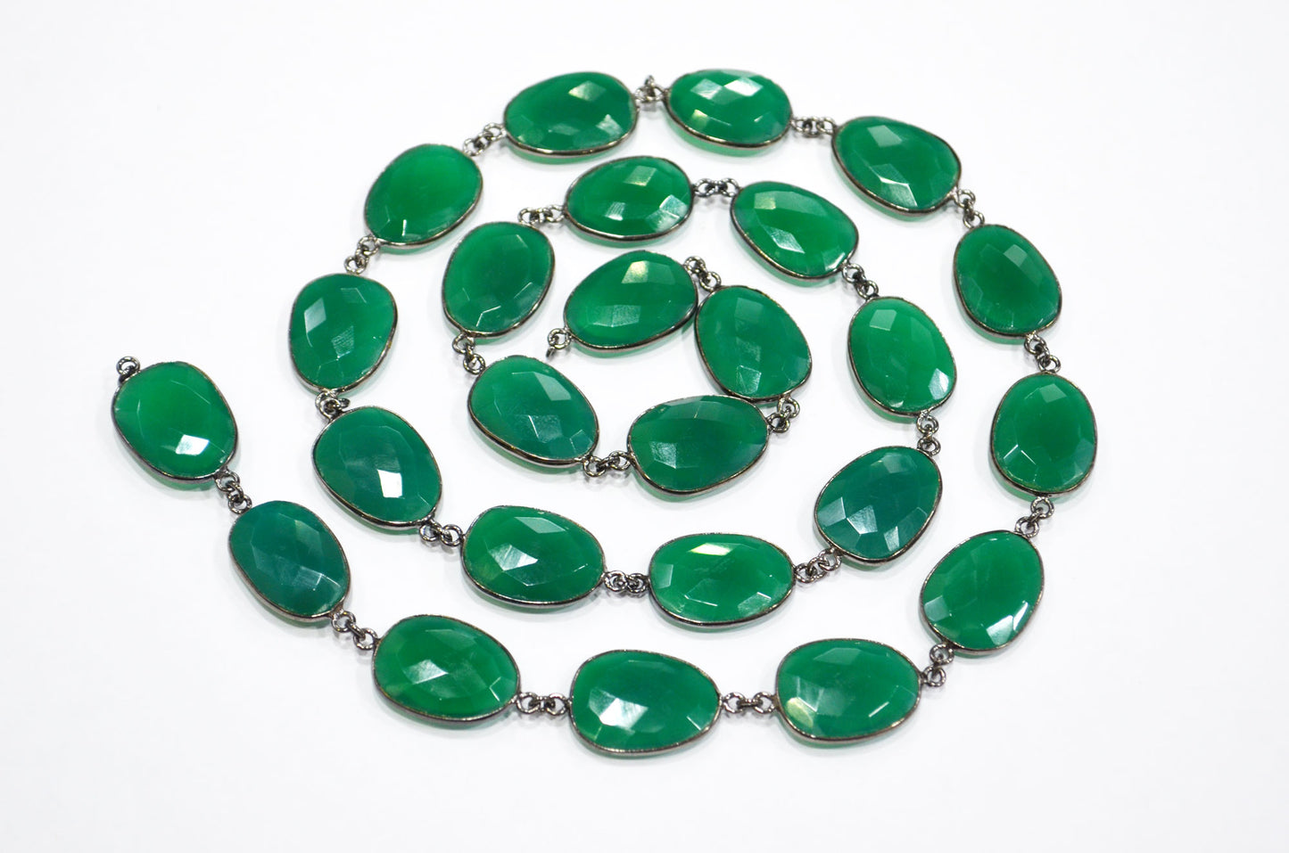 Green Onyx Faceted Egg Shape Connector Chain , 16x21 - 17x23 mm , RB-7383