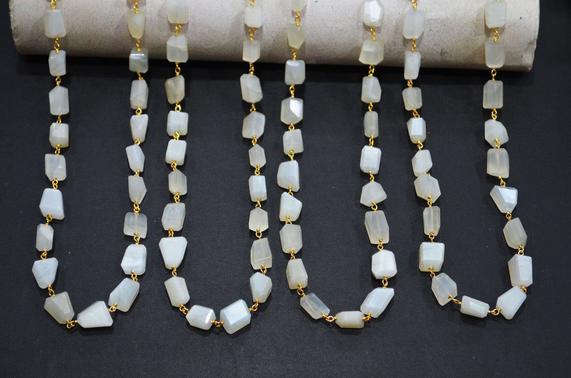 Ceylon Moonstone Laser Cut Nuggets Shape Rosary Beaded Chain , 7 - 12 mm , RB-7385