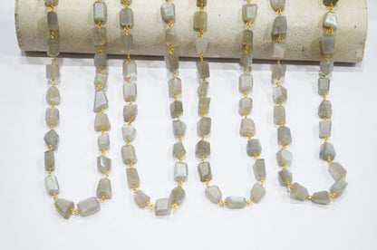 Gray Moonstone Laser Cut Nuggets Shape Rosary Beaded Chain , 9 - 12 mm , RB-7386