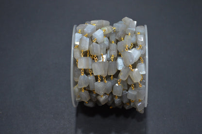 Gray Moonstone Laser Cut Nuggets Shape Rosary Beaded Chain , 9 - 12 mm , RB-7386