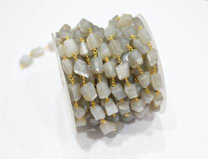 Gray Moonstone Laser Cut Nuggets Shape Rosary Beaded Chain , 9 - 12 mm , RB-7386