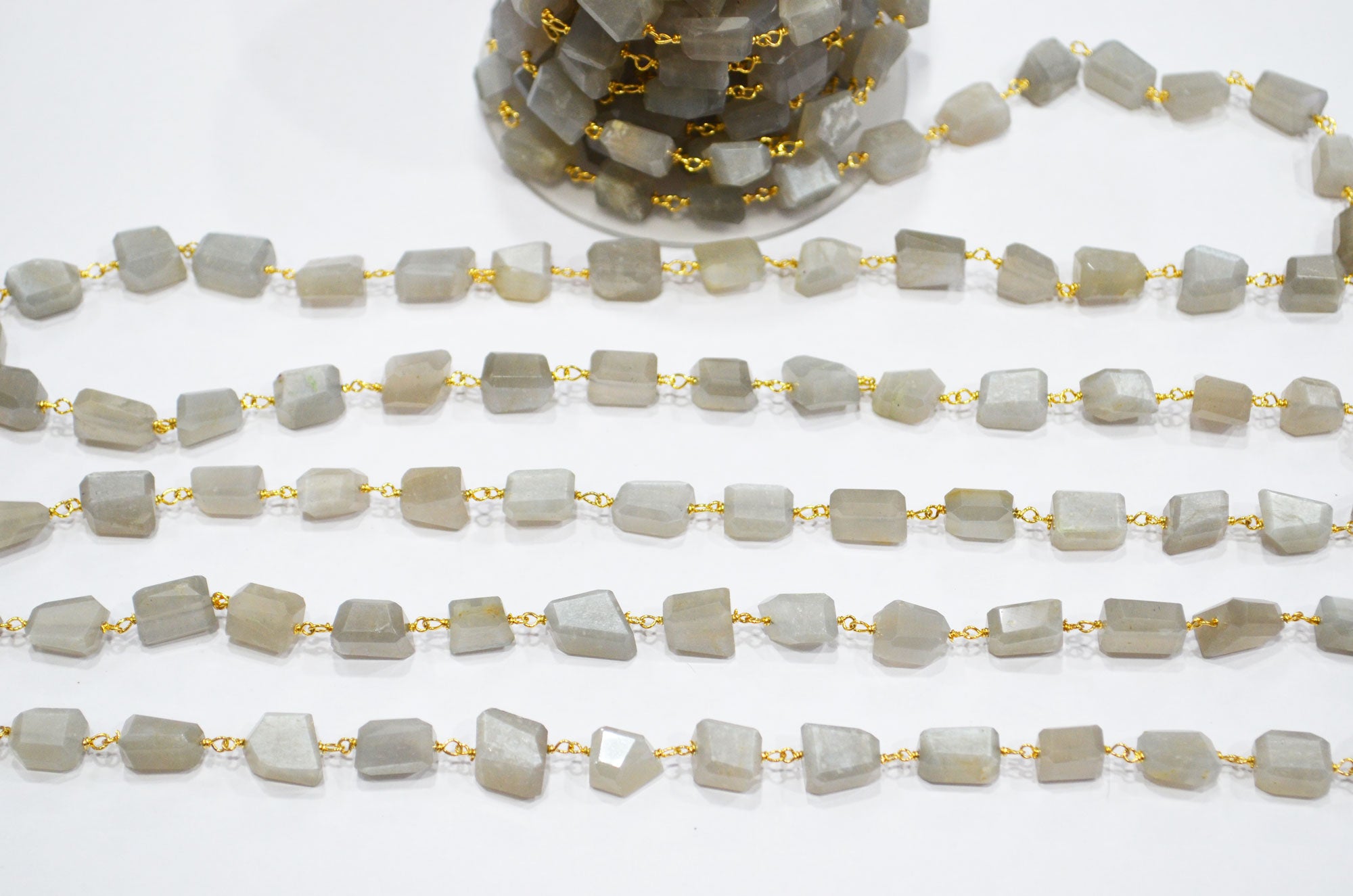 Gray Moonstone Laser Cut Nuggets Shape Rosary Beaded Chain , 9 - 12 mm , RB-7386