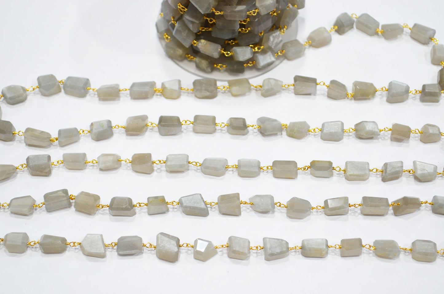 Gray Moonstone Laser Cut Nuggets Shape Rosary Beaded Chain , 9 - 12 mm , RB-7386