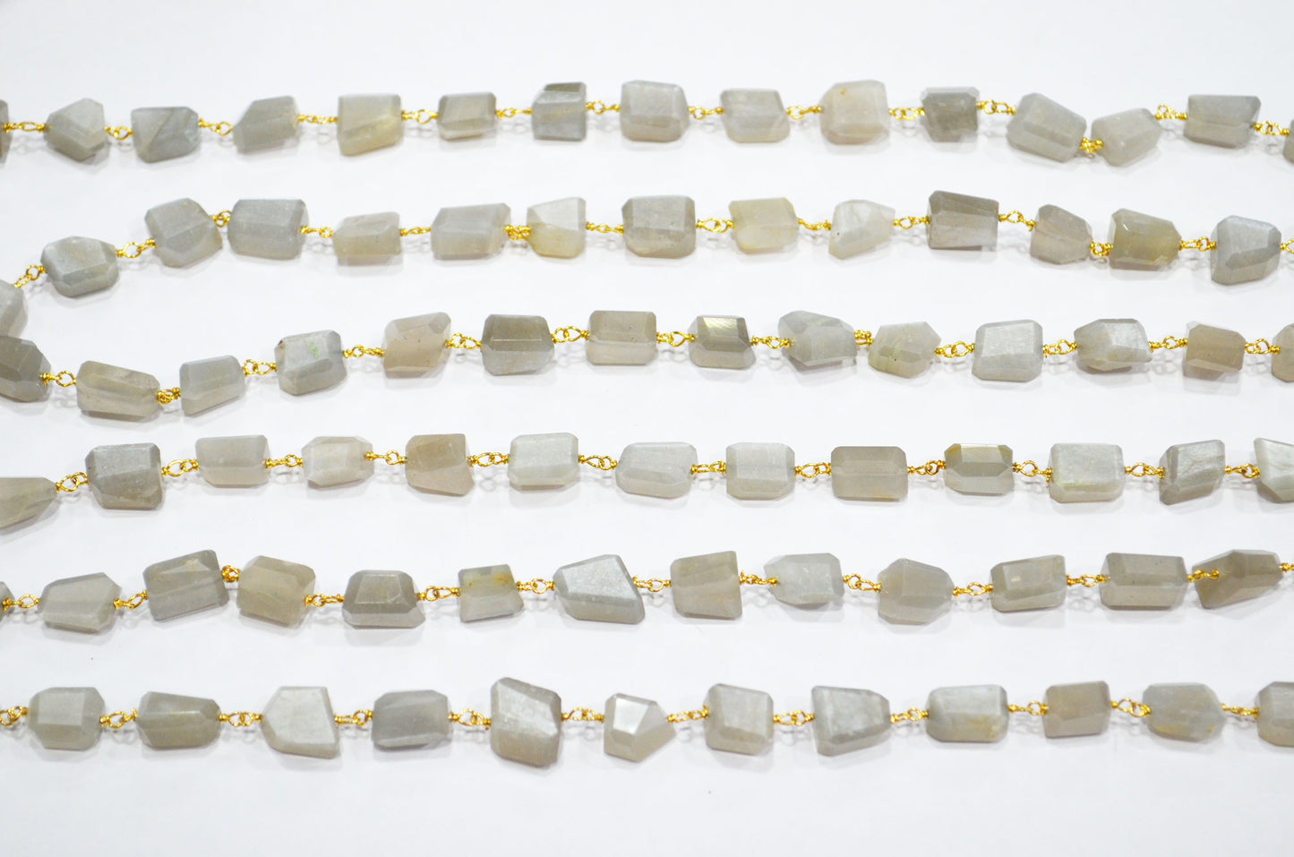 Gray Moonstone Laser Cut Nuggets Shape Rosary Beaded Chain , 9 - 12 mm , RB-7386