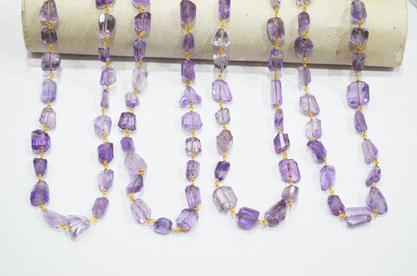 Pink Amethyst Laser Cut Nuggets Shape Rosary Beaded Chain , 9 - 15 mm , RB-7388