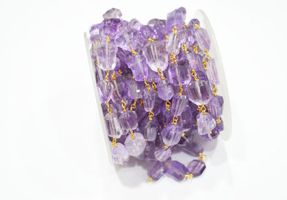 Pink Amethyst Laser Cut Nuggets Shape Rosary Beaded Chain , 9 - 15 mm , RB-7388