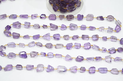 Pink Amethyst Laser Cut Nuggets Shape Rosary Beaded Chain , 9 - 15 mm , RB-7388