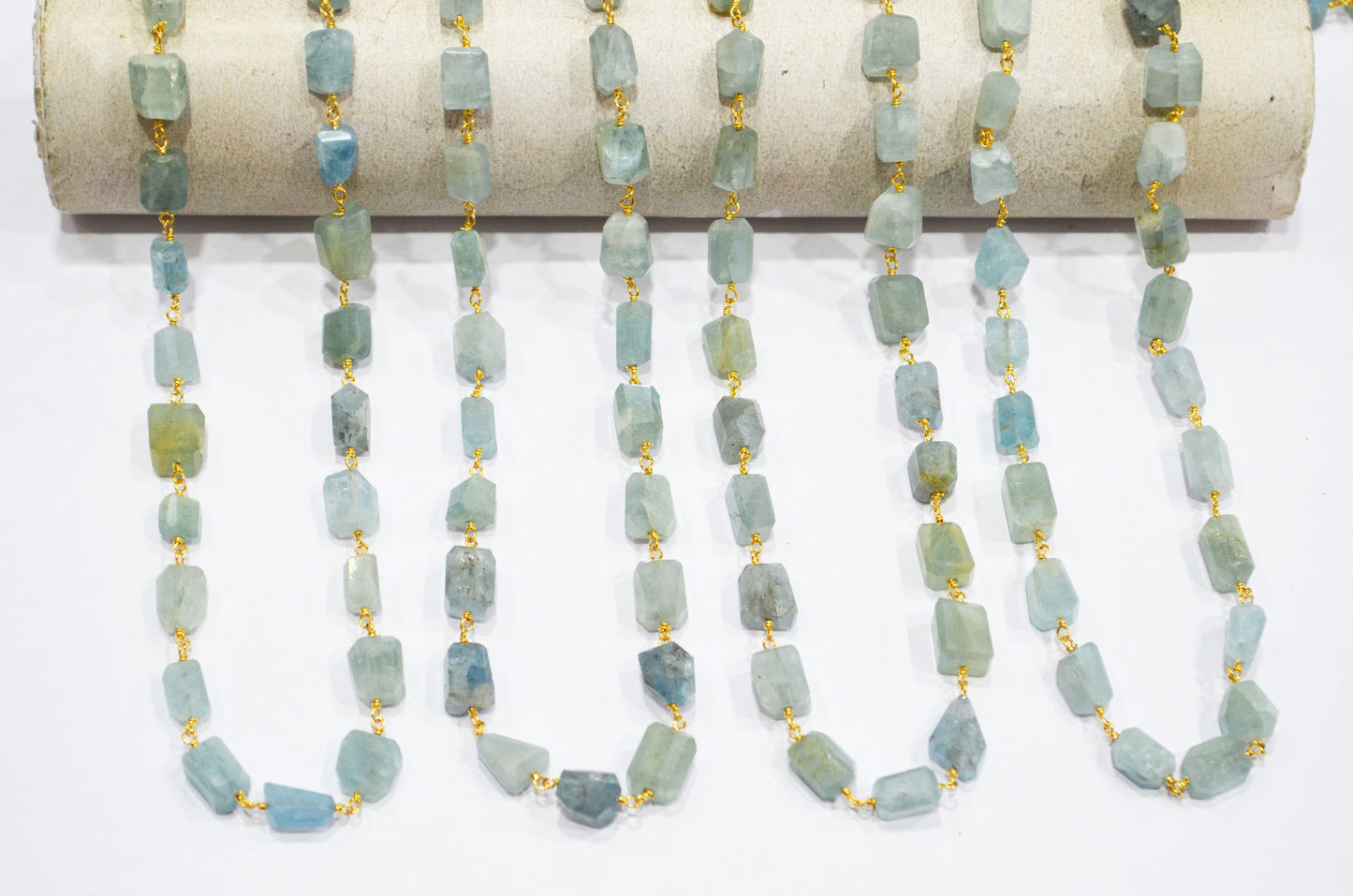 Milky Aquamarine Laser Cut Nuggets Shape Rosary Beaded Chain , 9 - 12 mm , RB-7389