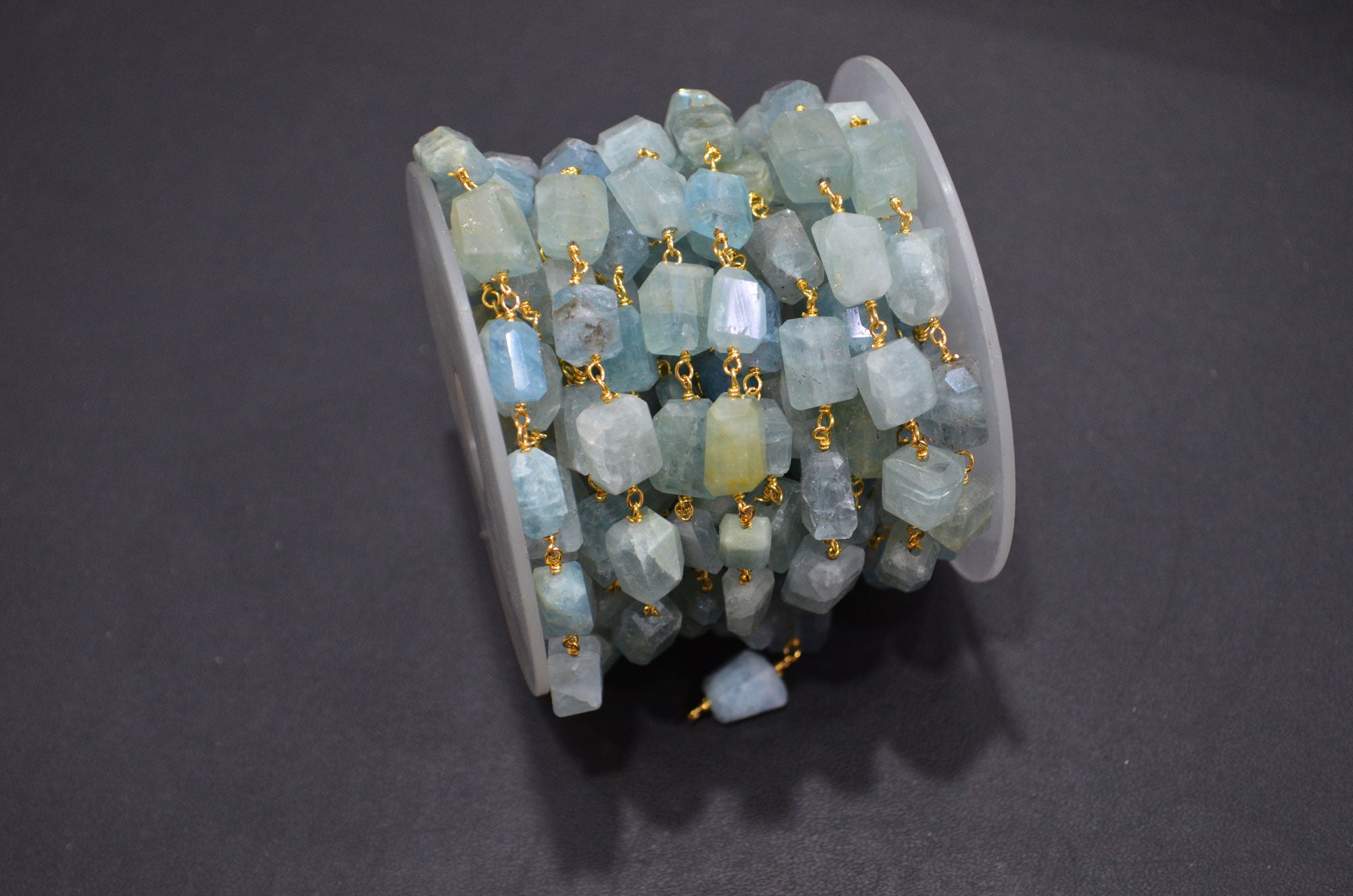 Milky Aquamarine Laser Cut Nuggets Shape Rosary Beaded Chain , 9 - 12 mm , RB-7389