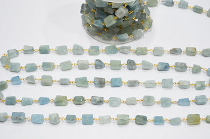 Milky Aquamarine Laser Cut Nuggets Shape Rosary Beaded Chain , 9 - 12 mm , RB-7389