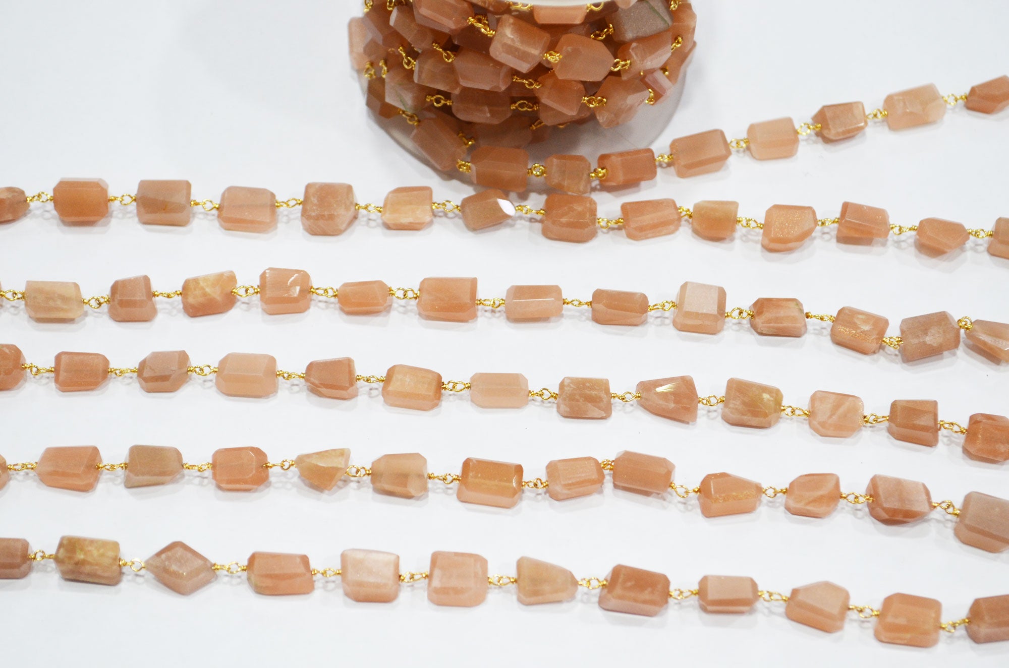 Peach Moonstone Laser Cut Nuggets Shape Rosary Beaded Chain , 7 - 12 mm , RB-7390