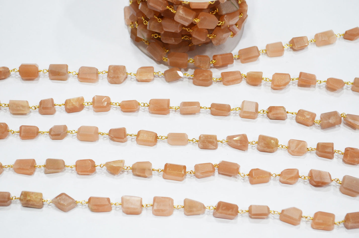 Peach Moonstone Laser Cut Nuggets Shape Rosary Beaded Chain , 7 - 12 mm , RB-7390