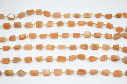 Peach Moonstone Laser Cut Nuggets Shape Rosary Beaded Chain , 7 - 12 mm , RB-7390