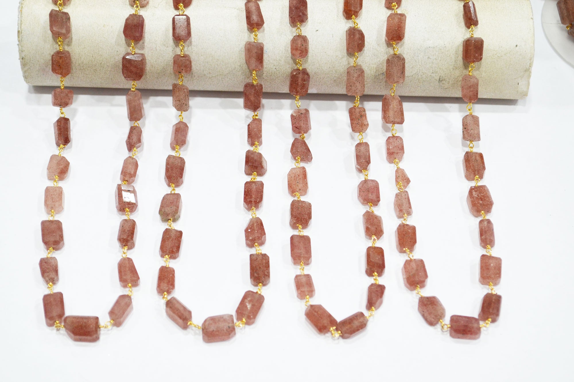 Red Strawberry Quartz Laser Cut Nuggets Shape Rosary Beaded Chain , 8 - 11 mm , RB-7391