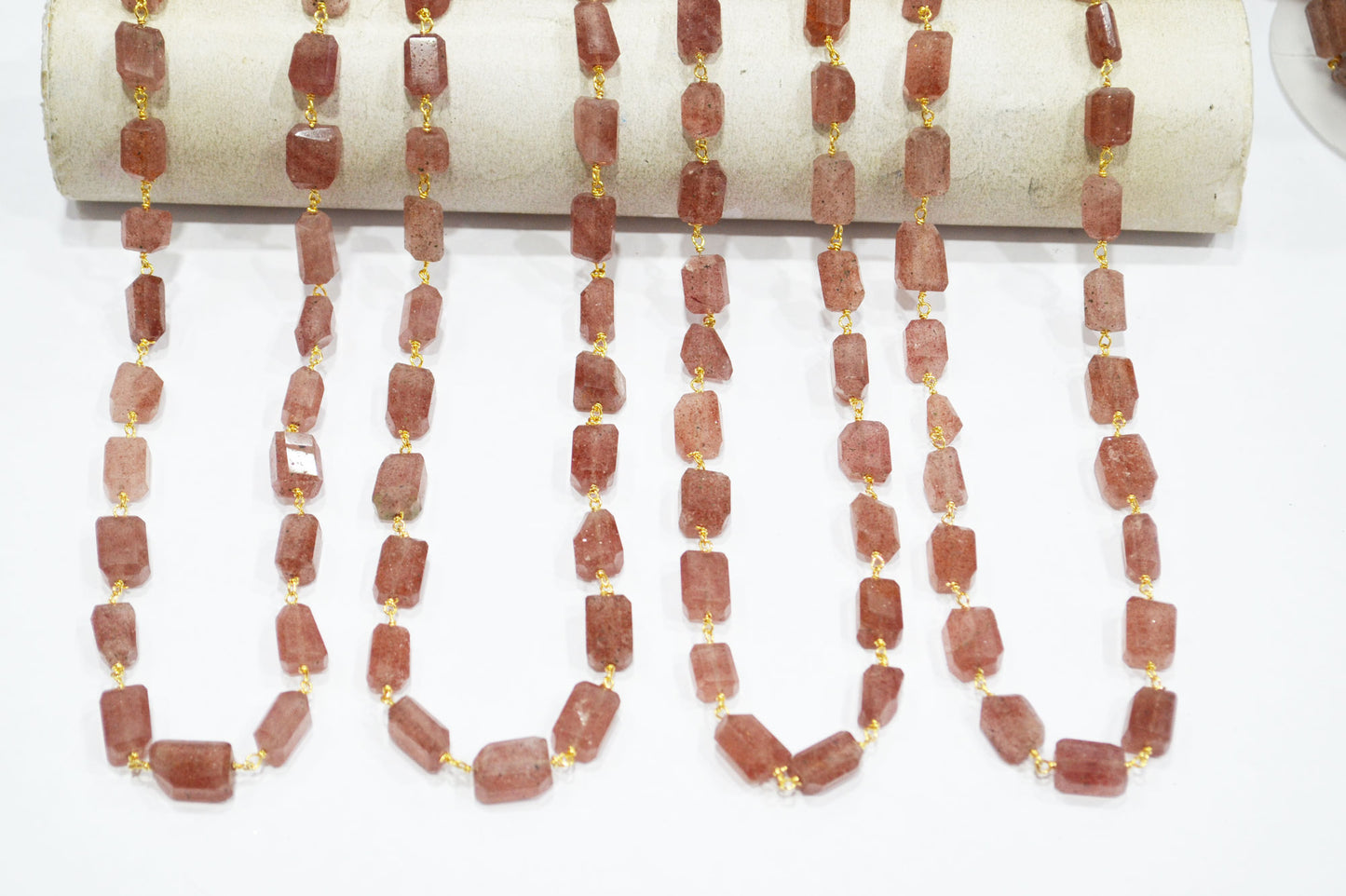 Red Strawberry Quartz Laser Cut Nuggets Shape Rosary Beaded Chain , 8 - 11 mm , RB-7391