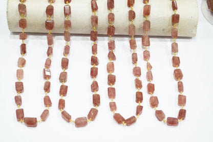 Red Strawberry Quartz Laser Cut Nuggets Shape Rosary Beaded Chain , 8 - 11 mm , RB-7391