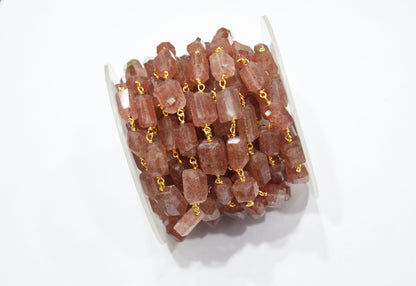 Red Strawberry Quartz Laser Cut Nuggets Shape Rosary Beaded Chain , 8 - 11 mm , RB-7391