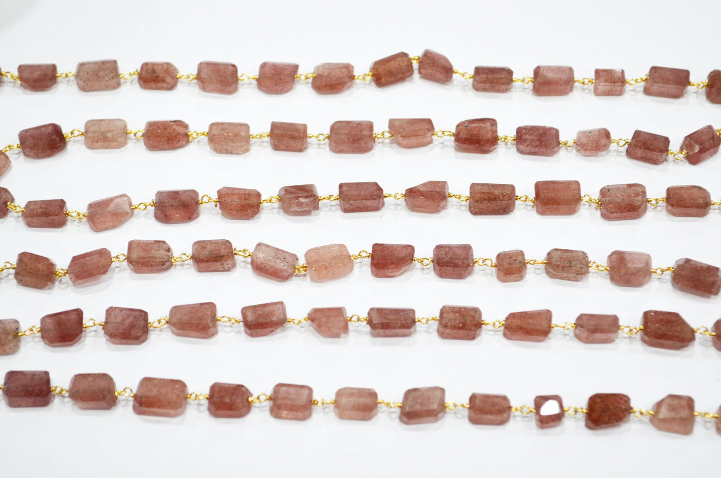 Red Strawberry Quartz Laser Cut Nuggets Shape Rosary Beaded Chain , 8 - 11 mm , RB-7391