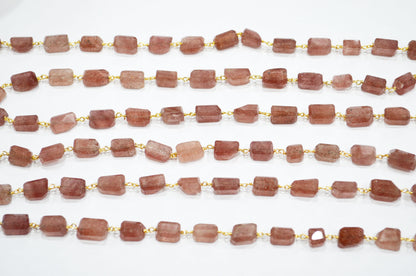 Red Strawberry Quartz Laser Cut Nuggets Shape Rosary Beaded Chain , 8 - 11 mm , RB-7391