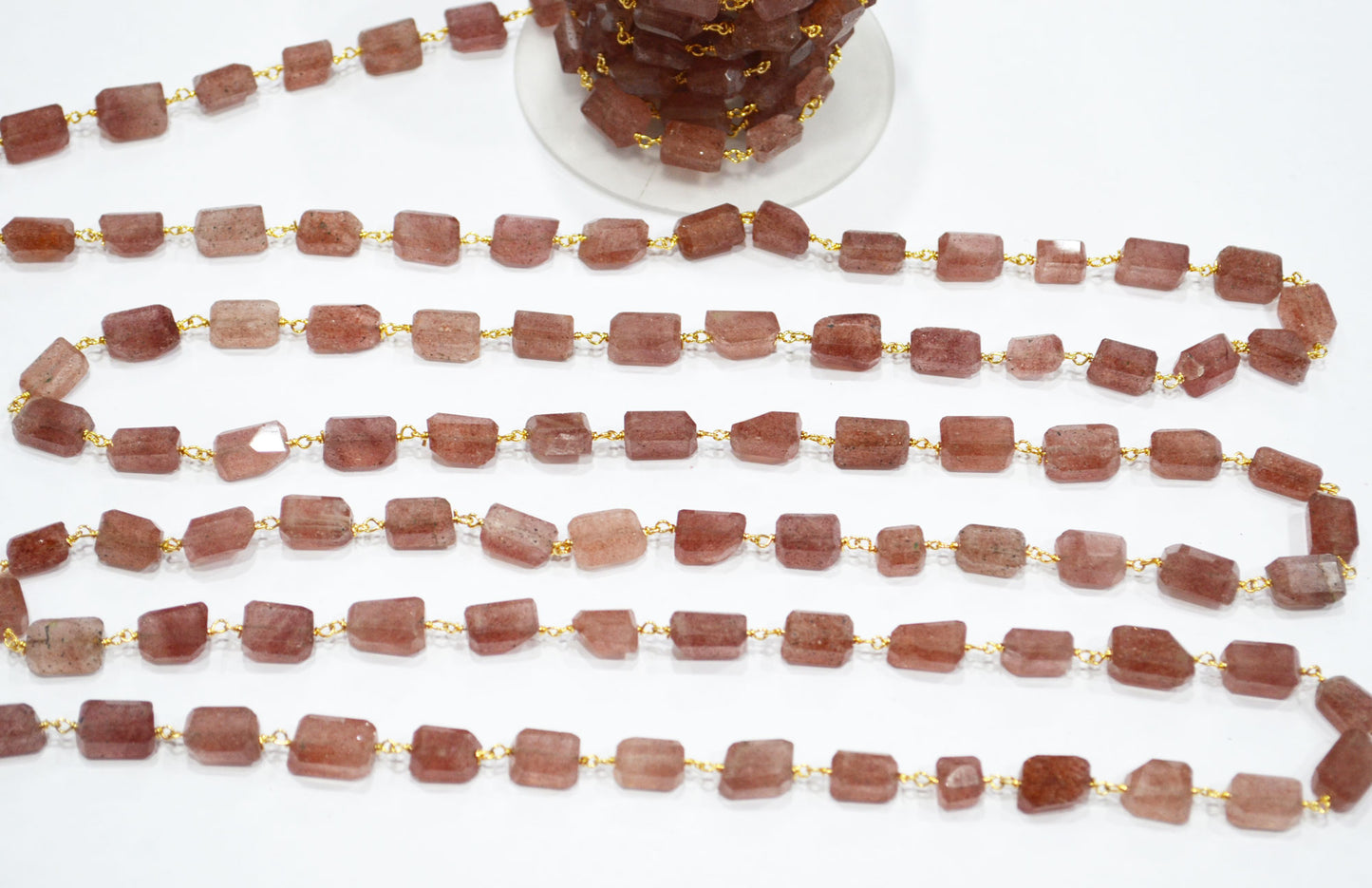 Red Strawberry Quartz Laser Cut Nuggets Shape Rosary Beaded Chain , 8 - 11 mm , RB-7391