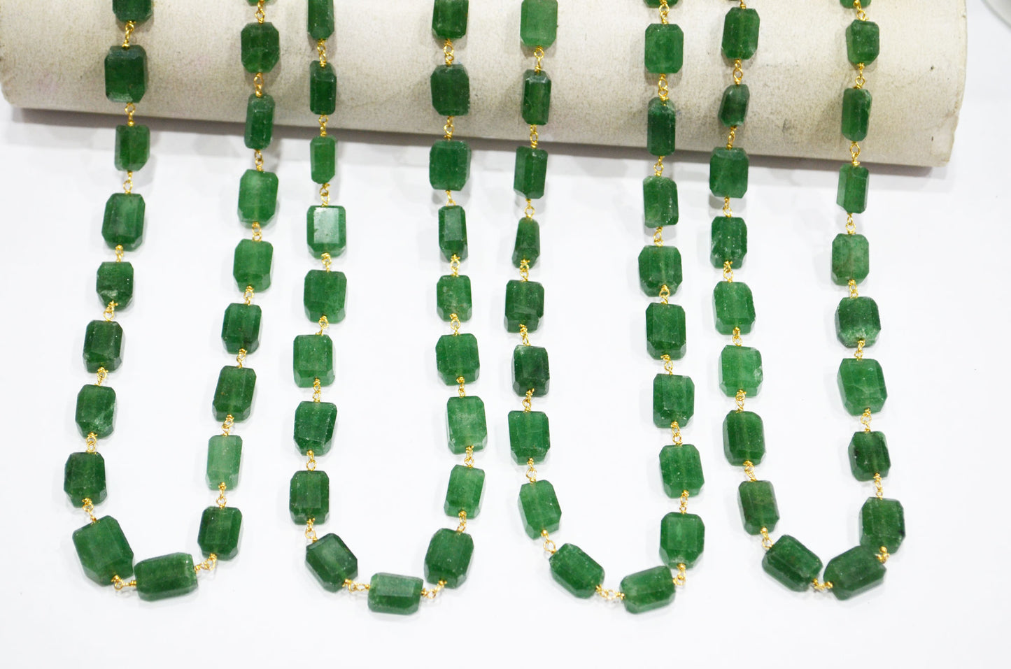Green Strawberry Quartz Laser Cut Nuggets Shape Rosary Beaded Chain , 8 - 12 mm , RB-7392