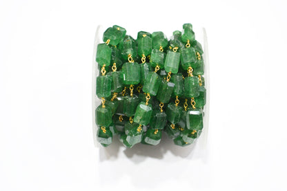 Green Strawberry Quartz Laser Cut Nuggets Shape Rosary Beaded Chain , 8 - 12 mm , RB-7392