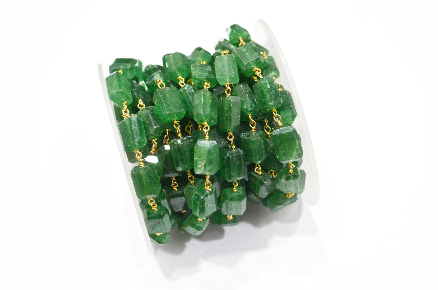 Green Strawberry Quartz Laser Cut Nuggets Shape Rosary Beaded Chain , 8 - 12 mm , RB-7392