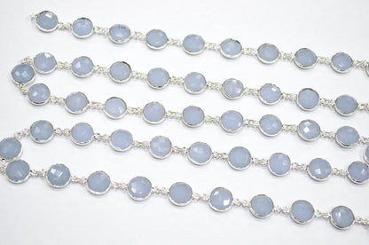 Corn Flower Blue Hydro Quartz Faceted Coin Shape Connector Chain , 11 mm , RB-7409