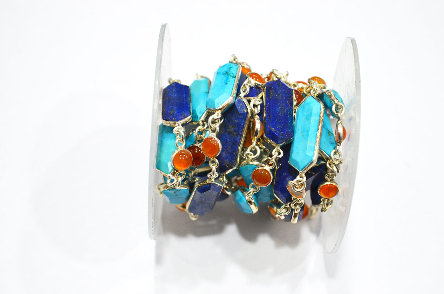 Lapis Lazuli And Howlite Turquoise Faceted Fancy Shape Connector Chain , Carnelian Smooth Coin Shape Bezel Link Chain , 7 mm , RB-7411