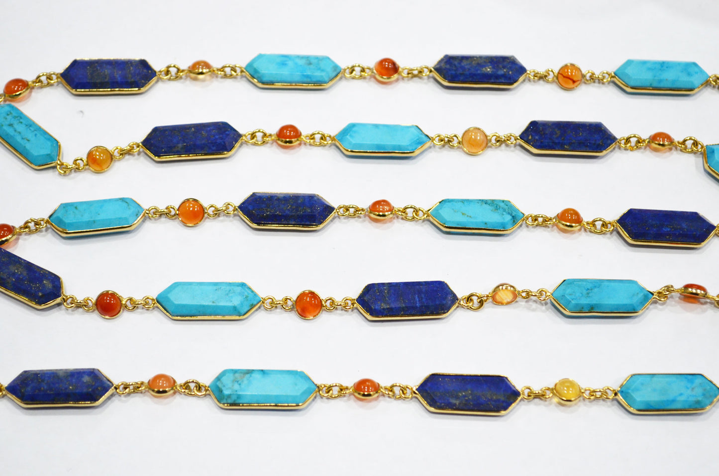 Lapis Lazuli And Howlite Turquoise Faceted Fancy Shape Connector Chain , Carnelian Smooth Coin Shape Bezel Link Chain , 7 mm , RB-7411