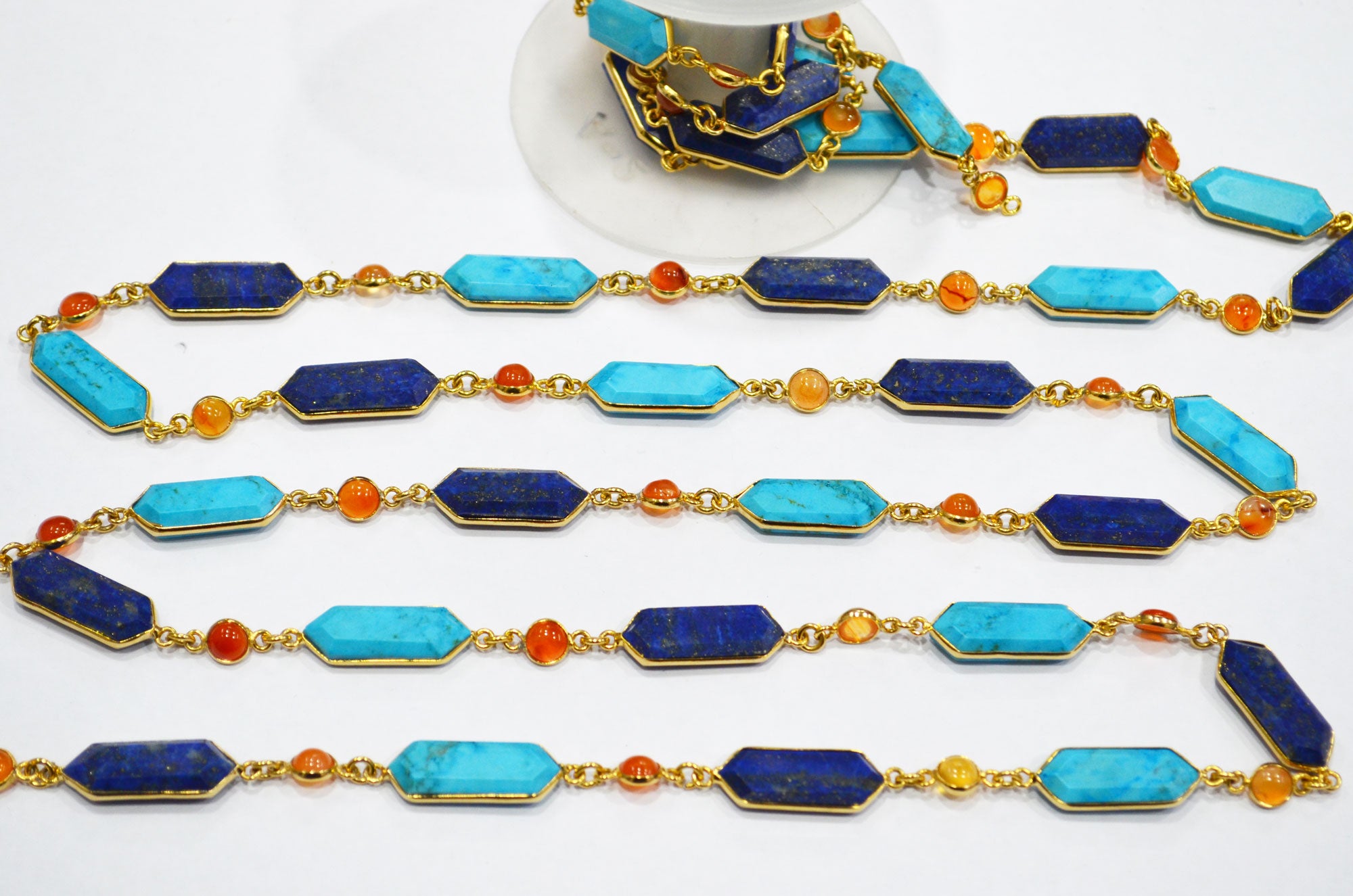 Lapis Lazuli And Howlite Turquoise Faceted Fancy Shape Connector Chain , Carnelian Smooth Coin Shape Bezel Link Chain , 7 mm , RB-7411