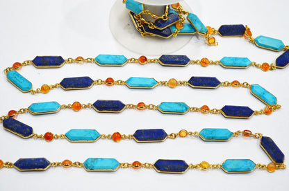 Lapis Lazuli And Howlite Turquoise Faceted Fancy Shape Connector Chain , Carnelian Smooth Coin Shape Bezel Link Chain , 7 mm , RB-7411
