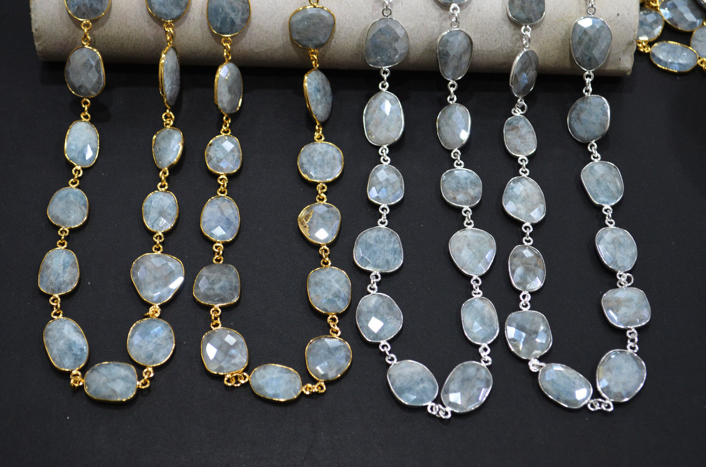 Aquamarine AB Coated Faceted Slice Shape Connector Chain , 14x16 - 17x19 mm , RB-7412