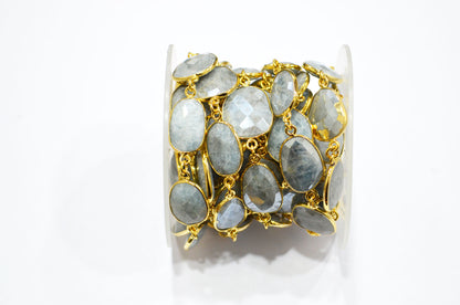 Aquamarine AB Coated Faceted Slice Shape Connector Chain , 14x16 - 17x19 mm , RB-7412