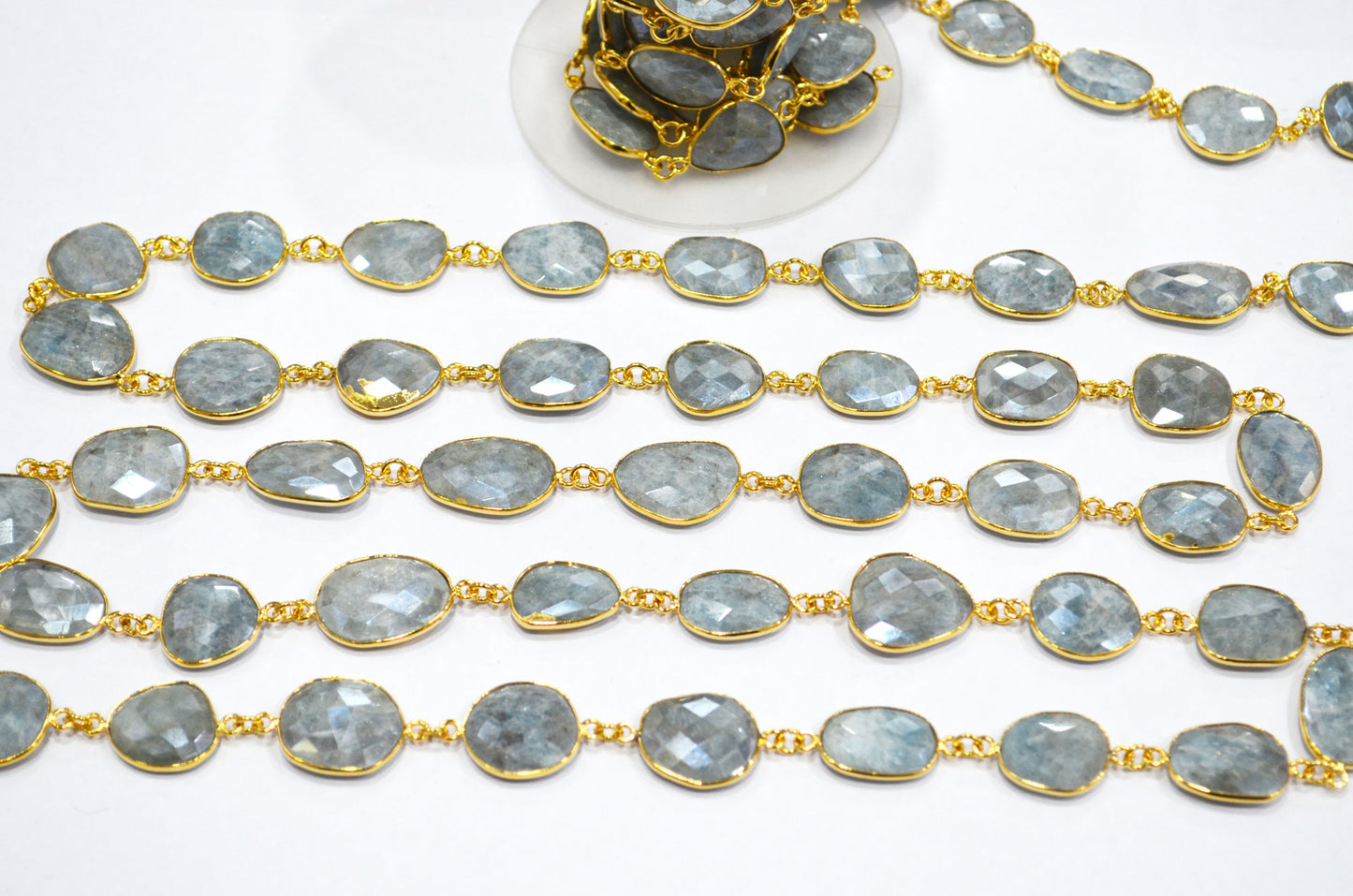 Aquamarine AB Coated Faceted Slice Shape Connector Chain , 14x16 - 17x19 mm , RB-7412