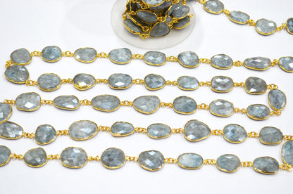 Aquamarine AB Coated Faceted Slice Shape Connector Chain , 14x16 - 17x19 mm , RB-7412