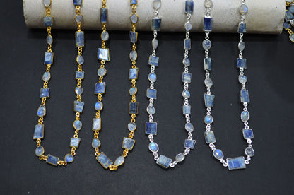 Himalayan Blue Kyanite Tube Baguette Shape Connector Chain , Rainbow Moonstone Slice Shape Faceted Bezel Link Chain , 7 - 13 mm , RB-7413