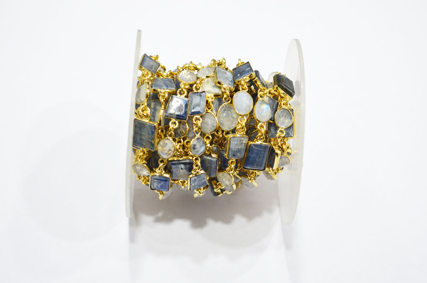 Himalayan Blue Kyanite Tube Baguette Shape Connector Chain , Rainbow Moonstone Slice Shape Faceted Bezel Link Chain , 7 - 13 mm , RB-7413