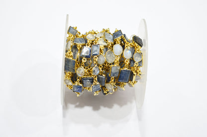 Himalayan Blue Kyanite Tube Baguette Shape Connector Chain , Rainbow Moonstone Slice Shape Faceted Bezel Link Chain , 7 - 13 mm , RB-7413