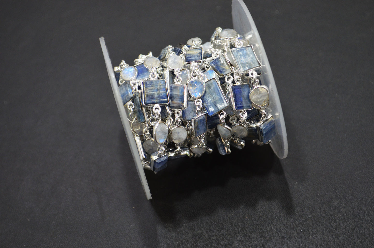 Himalayan Blue Kyanite Tube Baguette Shape Connector Chain , Rainbow Moonstone Slice Shape Faceted Bezel Link Chain , 7 - 13 mm , RB-7413