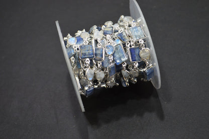 Himalayan Blue Kyanite Tube Baguette Shape Connector Chain , Rainbow Moonstone Slice Shape Faceted Bezel Link Chain , 7 - 13 mm , RB-7413