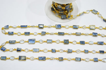 Himalayan Blue Kyanite Tube Baguette Shape Connector Chain , Rainbow Moonstone Slice Shape Faceted Bezel Link Chain , 7 - 13 mm , RB-7413