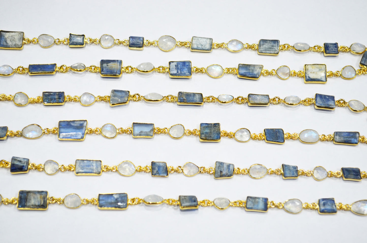 Himalayan Blue Kyanite Tube Baguette Shape Connector Chain , Rainbow Moonstone Slice Shape Faceted Bezel Link Chain , 7 - 13 mm , RB-7413