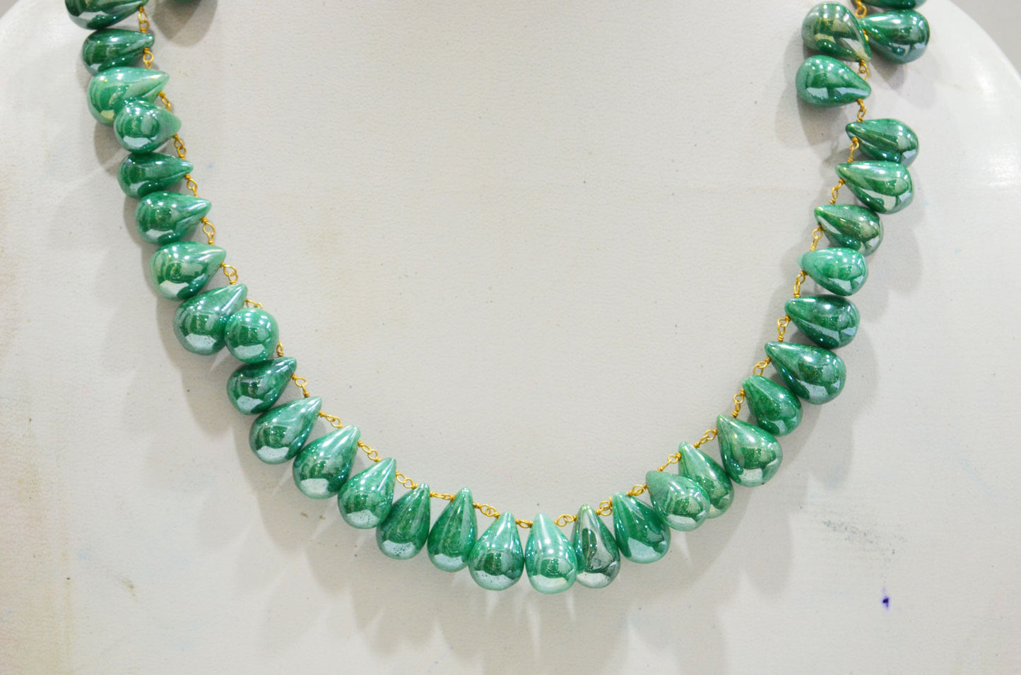 Mystic Emerald Quartz Smooth Tear Drops Shape Necklace With Lobster Lock And Adjustable Chain , 16 Inches , 9x13 - 11x16 mm , RB-7420