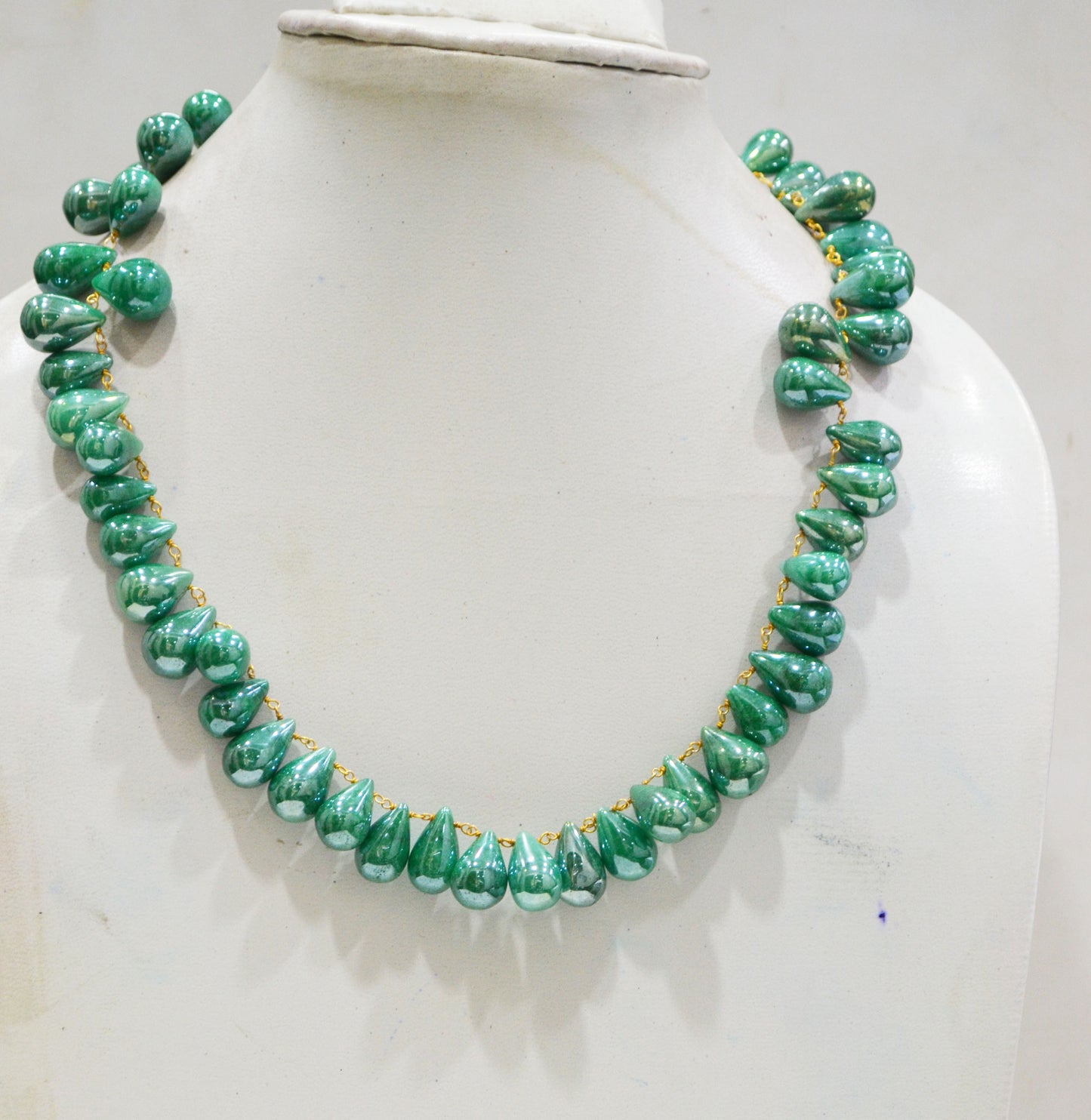 Mystic Emerald Quartz Smooth Tear Drops Shape Necklace With Lobster Lock And Adjustable Chain , 16 Inches , 9x13 - 11x16 mm , RB-7420