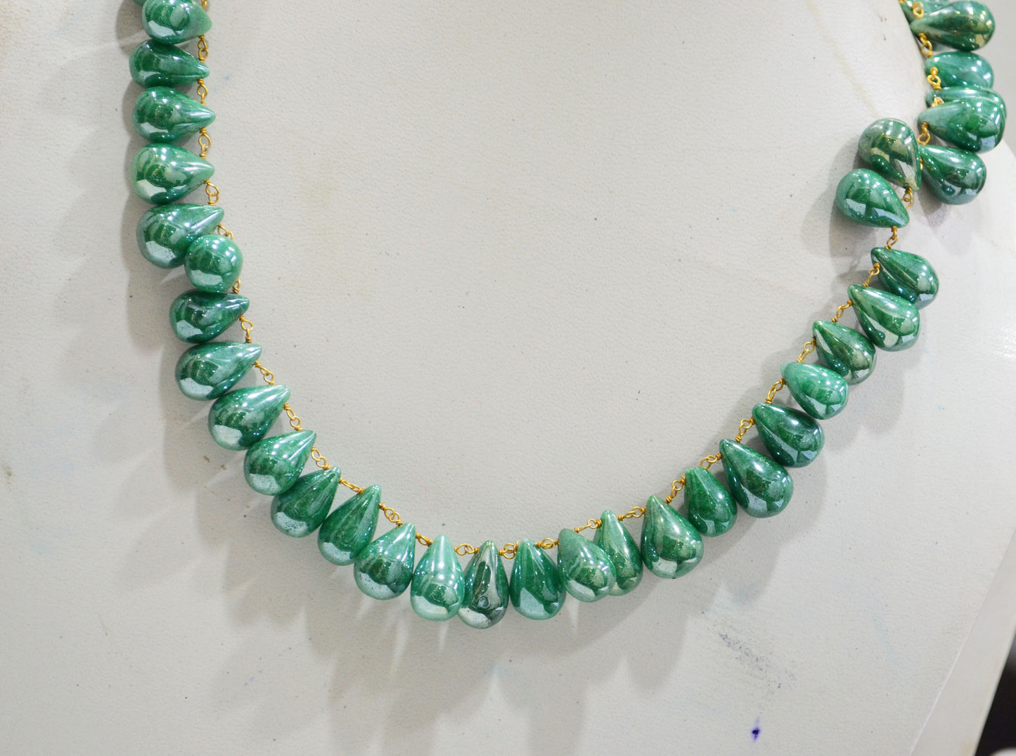 Mystic Emerald Quartz Smooth Tear Drops Shape Necklace With Lobster Lock And Adjustable Chain , 16 Inches , 9x13 - 11x16 mm , RB-7420