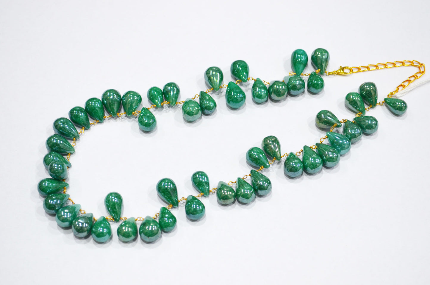 Mystic Emerald Quartz Smooth Tear Drops Shape Necklace With Lobster Lock And Adjustable Chain , 16 Inches , 9x13 - 11x16 mm , RB-7420