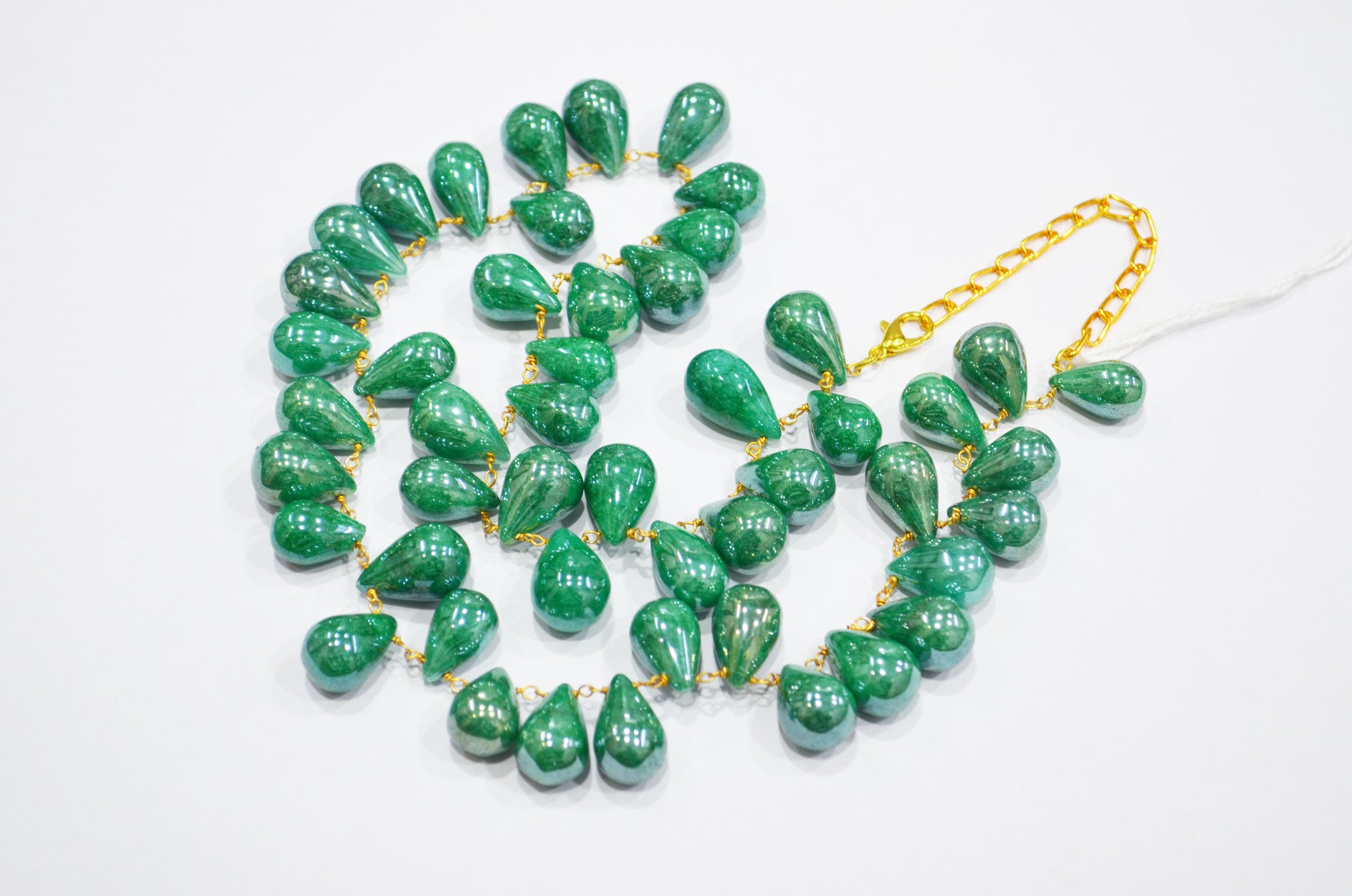 Mystic Emerald Quartz Smooth Tear Drops Shape Necklace With Lobster Lock And Adjustable Chain , 16 Inches , 9x13 - 11x16 mm , RB-7420